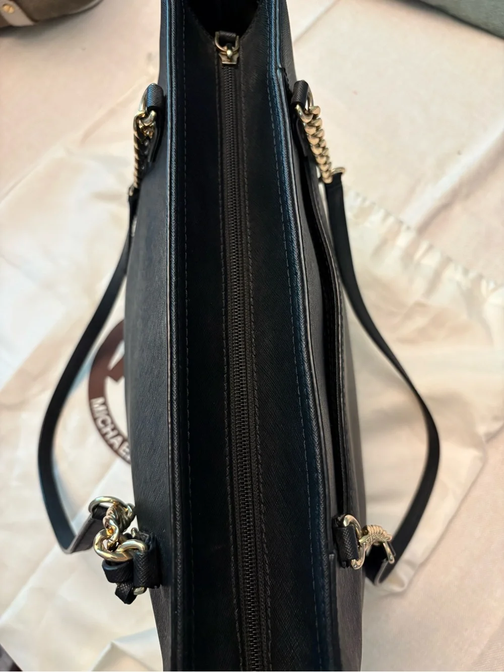 Michael Kors Black Saffiano Leather Tote with Gold Chain Detail